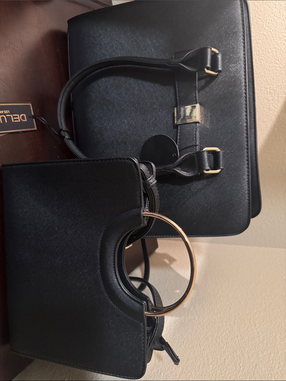 Black Structured Tote and Ring-Handle Crossbody Bag Set band new